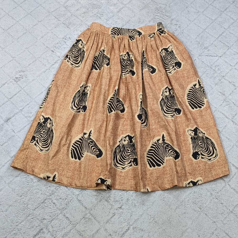 Sika Anthropologie Skirt Women's 12 Tan Black Zora Zebra Print Midi A-Line Art